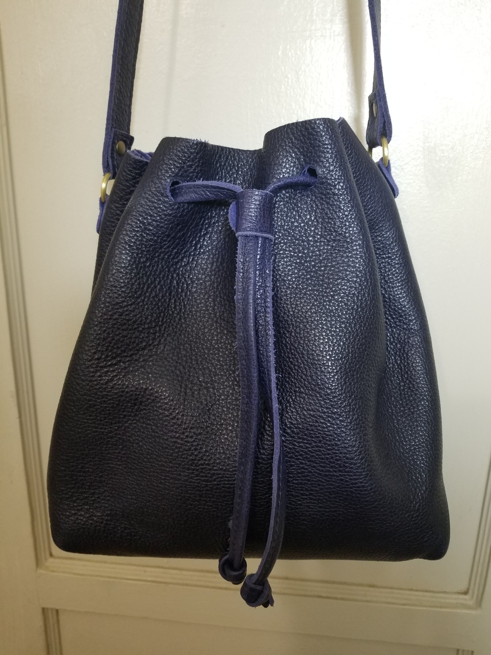 PORTLAND LEATHER GOODS large Bucket Bag COBALT Crossbody Drawstring No Grommets